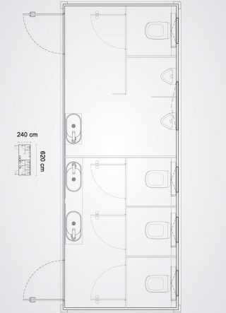 bagno mobile con quattro cabine bagno e due orinatoi pianta in scala del prodotto