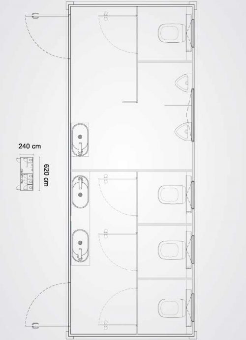 bagno mobile con quattro cabine bagno e due orinatoi pianta in scala del prodotto